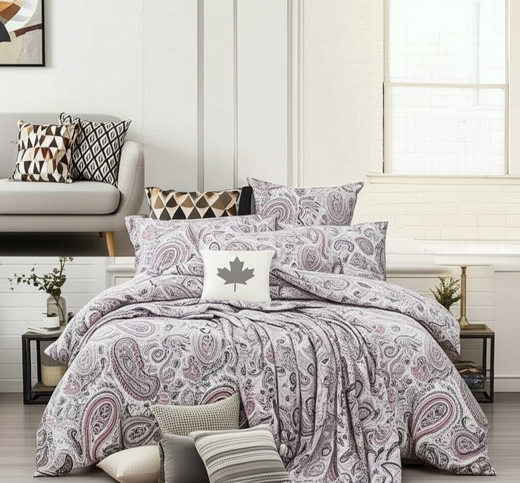 Lilac paisley quilt set on a bed