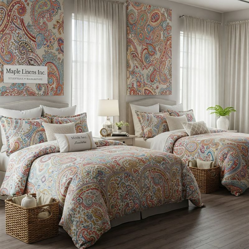 Paisley printed bedding styled in a bedroom