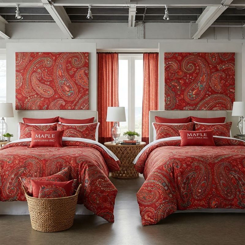 Red paisley bedding set in a bright bedroom