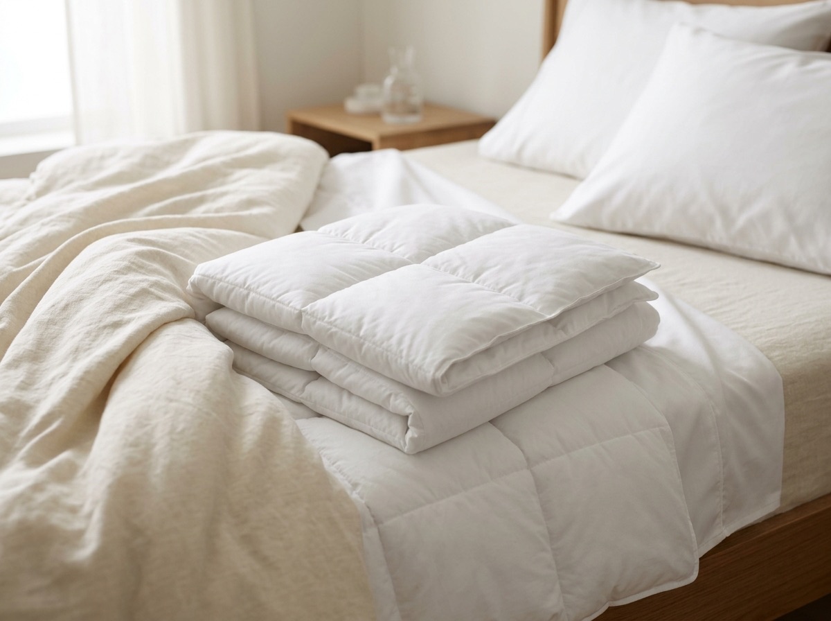A folded white box-stitched hotel comforter at the foot of a bed