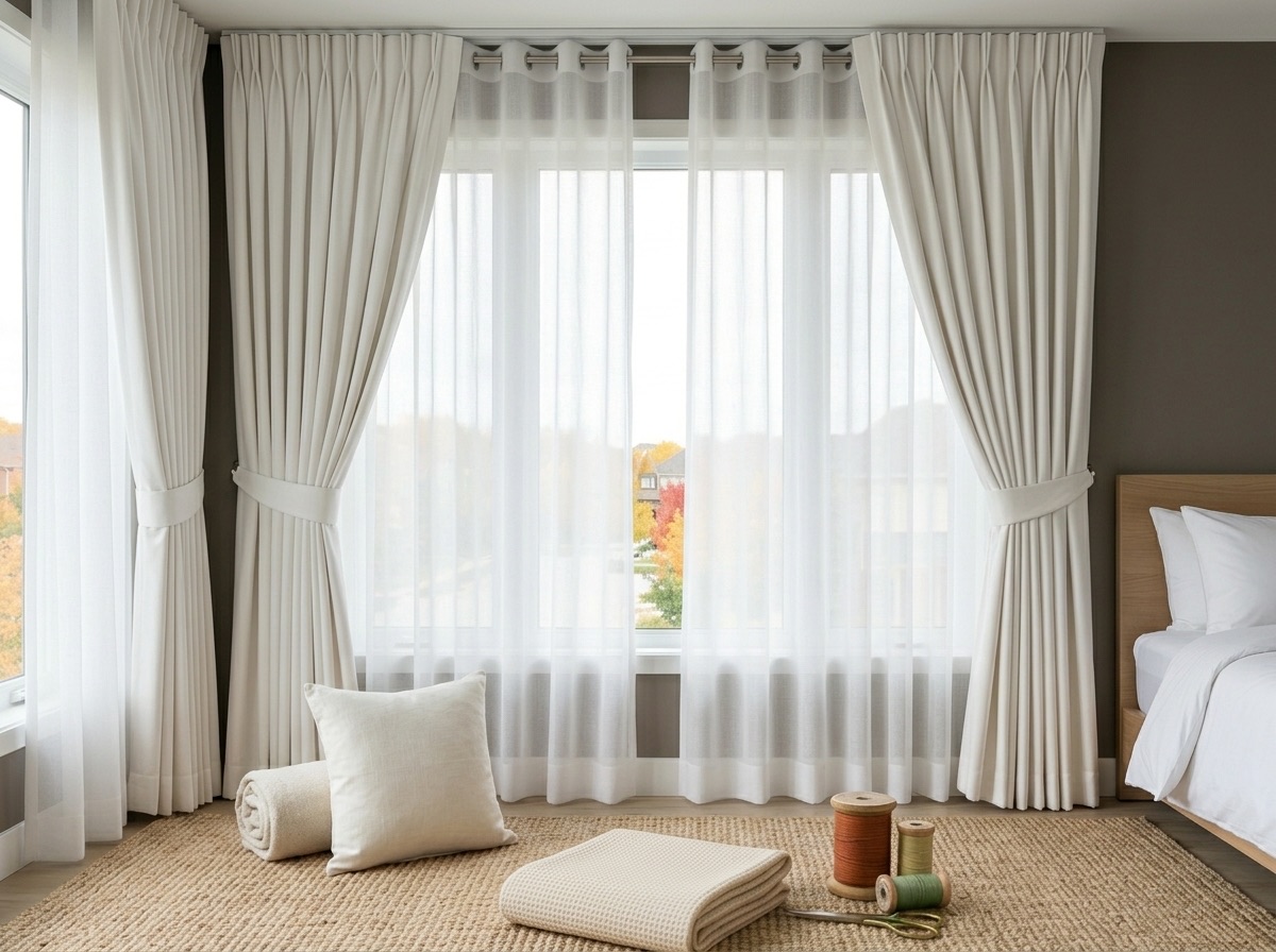 White sheer and ivory drapery layers at a hotel guest room window