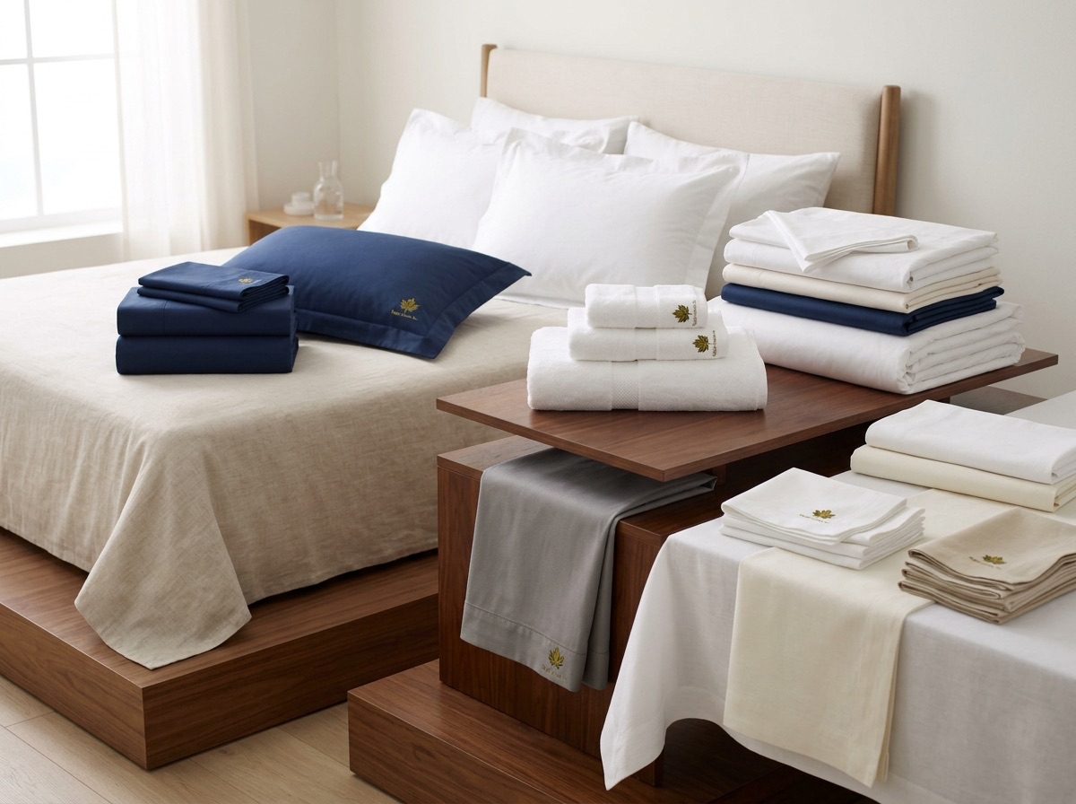 White and navy hotel bedding, towels and table linens with the embroidered Maple Linens Inc. mark, stacked beside a made bed