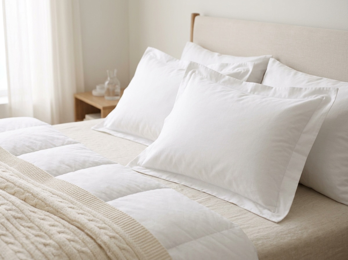 Two white flange-edged hotel pillow shams against a headboard