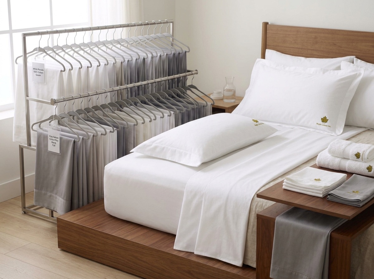 A folded stack of white hotel bedsheets on a bed