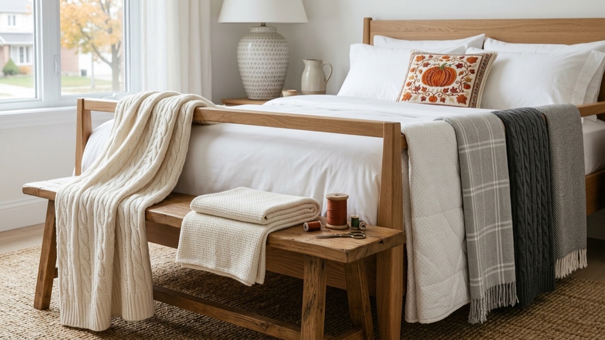 An ivory cable-knit throw draped over a white hotel bed