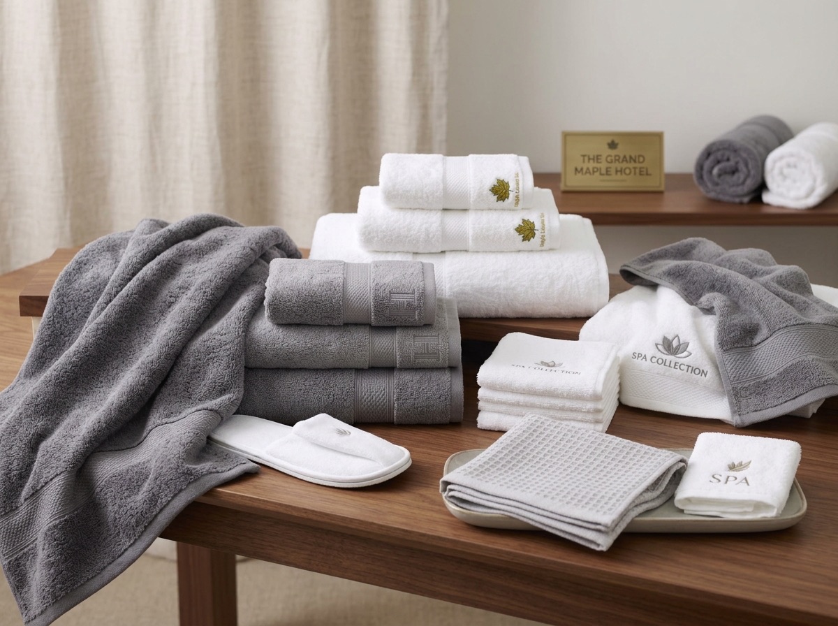 White and grey hotel towels, waffle spa towels and slippers stacked on a wooden bench