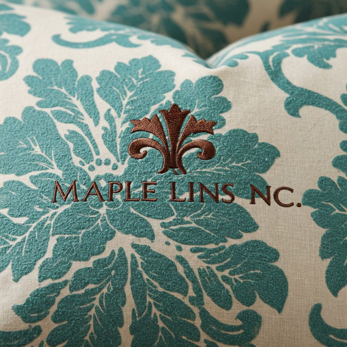 Teal damask pillow with embroidered mark