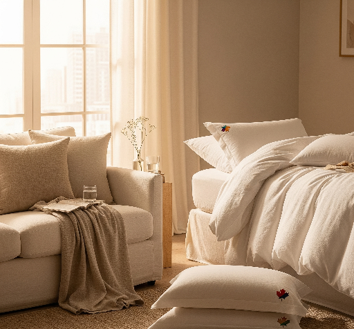 Elegant maple leaf design with a subtle fabric texture, symbolizing Maple Linens' commitment to quality and Canadian heritage.